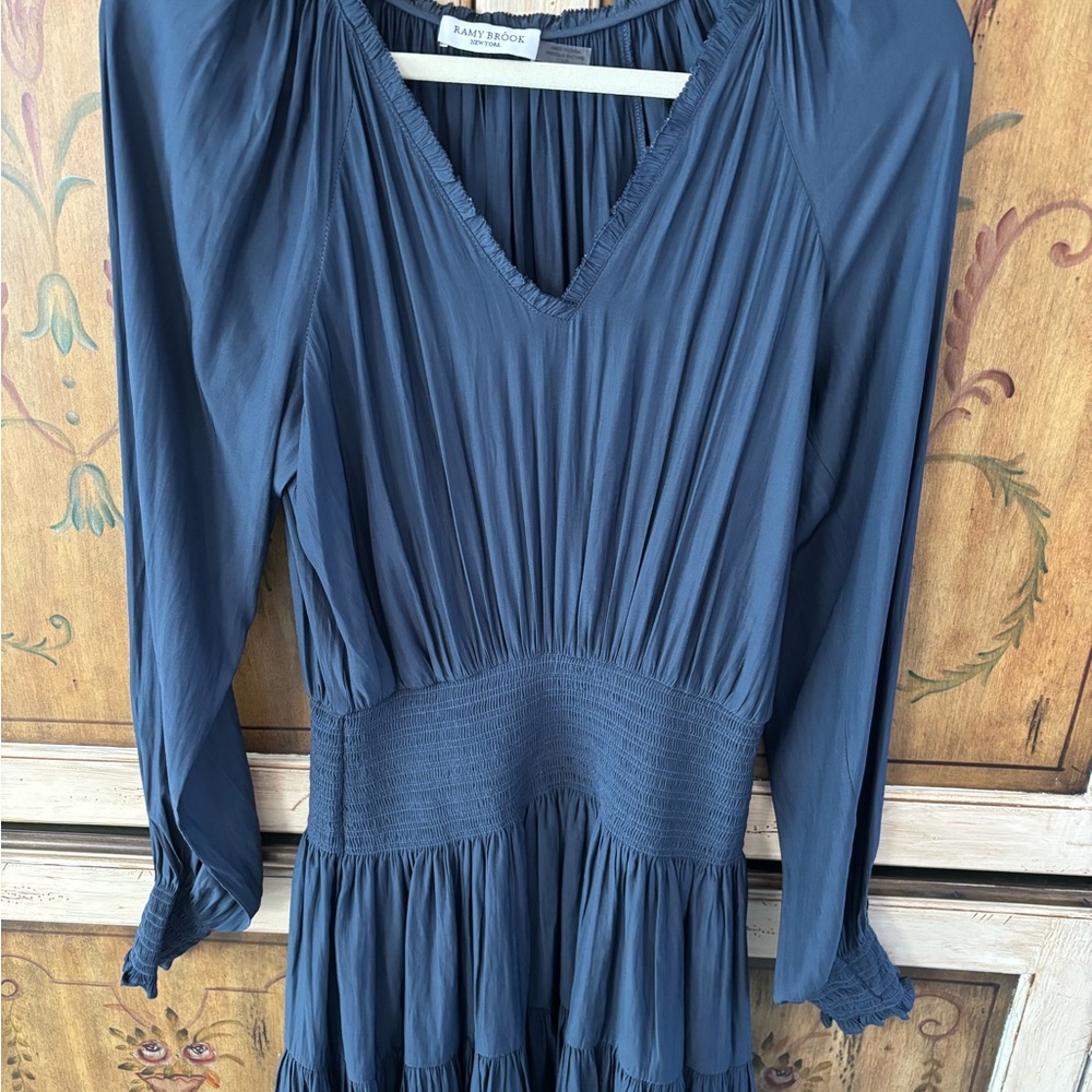 Ramy Brook Slate Blue V-Neck Long Sleeve Tiered Dress